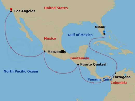 15 Night - Miami to Los Angeles - Queen Anne - Starting in Miami, FL, Cartagena CO, Transit the Panama Canal, Panama (Full Transit), Puerto Quetzal, Guatemala, Manzanillo, Mexico, Los Angeles, CA itinerary map