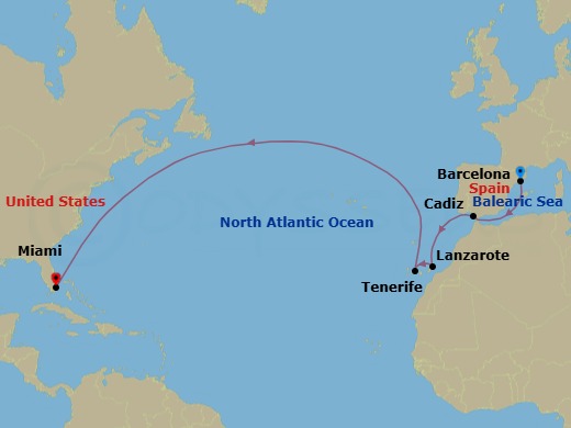 13 Night - Barcelona to Miami - Queen Elizabeth - Starting in Barcelona, Spain, Cadiz (tours to Seville), Spain, Lanzarote, Spain, Tenerife, Spain, Miami, FL itinerary map