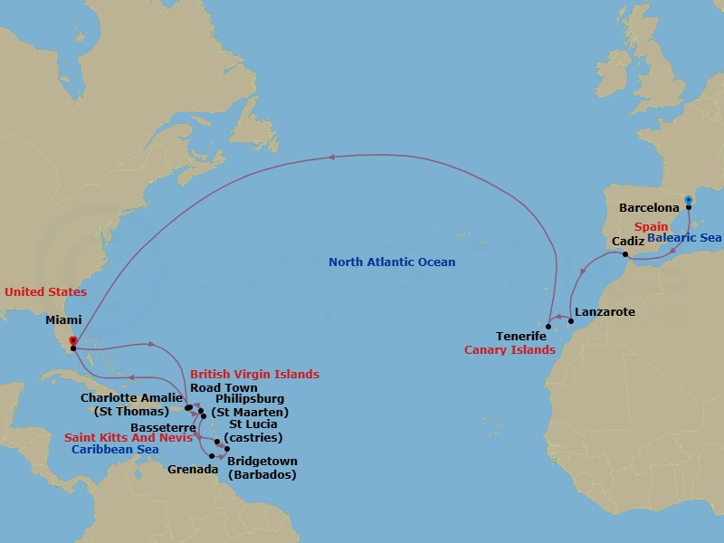 27 Night - Spain and Eastern Caribbean - Queen Elizabeth - Starting in Barcelona, Spain, Cadiz (tours to Seville), Spain, Lanzarote, Spain, Tenerife, Spain, Miami, FL, St Thomas, US Virgin Islands, Basseterre, St Kitts, Grenada, Bridgetown, Barbados, Castries, St Lucia, Philipsburg, St Maarten, Road Town, Tortola, Miami, FL itinerary map