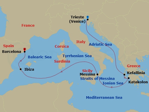 7 Night - Greece, Italy and Spain - Queen Elizabeth - Starting in Trieste, Italy, Cephalonia, Greece, Katakolon (tours to Olympia), Greece, Messina, Sicily, Italy, Messina Strait, Italy (Transit), Ibiza, Spain, Barcelona, Spain itinerary map