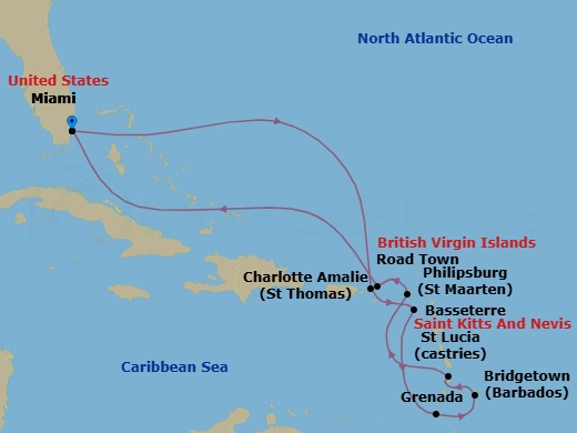 14 Night - Eastern Caribbean - Queen Elizabeth - Starting in Miami, FL, St Thomas, US Virgin Islands, Basseterre, St Kitts, Grenada, Bridgetown, Barbados, Castries, St Lucia, Philipsburg, St Maarten, Road Town, Tortola, Miami, FL itinerary map