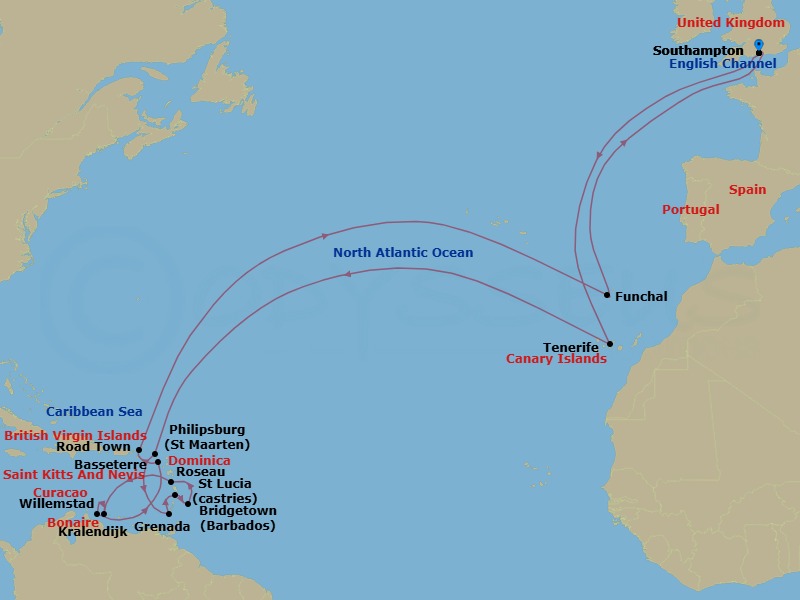 35 Night - Caribbean Roundtrip from Southampton - Queen Mary 2 - Starting in Southampton, England, UK, Tenerife, Spain, Philipsburg, St Maarten, Grenada, Castries, St Lucia, Bridgetown, Barbados, Roseau, Dominica, Kralendijk, Bonaire, St Eustatius and Saba, Willemstad AN, Curacao, Basseterre, St Kitts, Road Town, Tortola, Funchal, Madeira, Portugal, Southampton, England, UK itinerary map