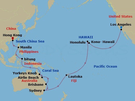 36 Night - Los Angeles to Hong Kong - Queen Anne - Starting in Los Angeles, CA, Kona, HI, Honolulu, HI, Cross International Date Line (Cruise-by), Lautoka, Fiji, Sydney AU, Australia, Brisbane, Australia, Airlie Beach, Australia, Yorkeys Knob (tours to Cairns), Australia, Bitung, Indonesia, Manila, Philippines, Hong Kong, China itinerary map