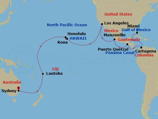 34 Night - Miami to Sydney - Queen Anne - Starting in Miami, FL, Cartagena CO, Transit the Panama Canal, Panama (Full Transit), Puerto Quetzal, Guatemala, Manzanillo, Mexico, Los Angeles, CA, Kona, HI, Honolulu, HI, Cross International Date Line (Cruise-by), Lautoka, Fiji itinerary map