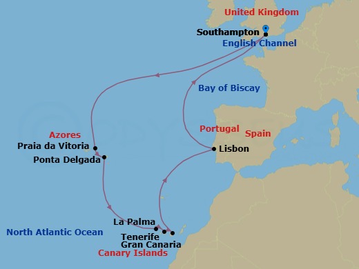 14 Night - Azores, Canary Islands and Portugal - Queen Victoria - Starting in Southampton, England, UK, Praia da Vitoria, Azores, Portugal, Ponta Delgada, Azores, Portugal, La Palma, Spain, Tenerife, Spain, Gran Canaria, Spain, Lisbon, Portugal, Southampton, England, UK itinerary map