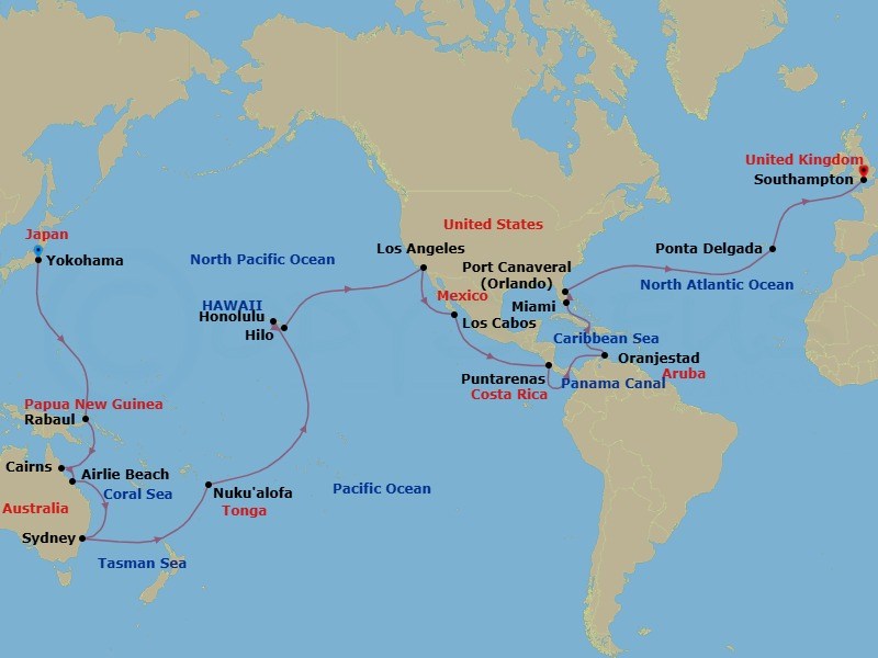 62 Night - Yokohama to Southampton - Queen Elizabeth - Starting in Yokohama (tours to Tokyo), Japan, Rabaul, Papua New Guinea, Cairns, Australia, Airlie Beach, Australia, Sydney AU, Australia, Nukualofa, Tonga, Cross International Date Line (Cruise-by), Honolulu, HI, Hilo, HI, Los Angeles, CA, Cabo San Lucas, Mexico, Puntarenas, Costa Rica, Transit the Panama Canal, Panama (Full Transit), Oranjestad, Aruba, Miami, FL, Port Canaveral, FL, Ponta Delgada, Azores, Portugal, Southampton, England, UK itinerary map