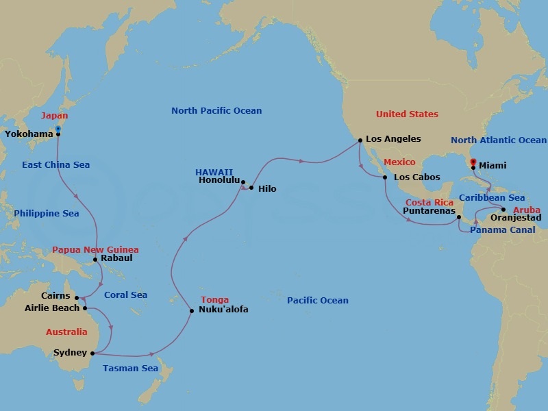 50 Night - Yokohama to Miami - Queen Elizabeth - Starting in Yokohama (tours to Tokyo), Japan, Rabaul, Papua New Guinea, Cairns, Australia, Airlie Beach, Australia, Sydney AU, Australia, Nukualofa, Tonga, Cross International Date Line (Cruise-by), Honolulu, HI, Hilo, HI, Los Angeles, CA, Cabo San Lucas, Mexico, Puntarenas, Costa Rica, Transit the Panama Canal, Panama (Full Transit), Oranjestad, Aruba, Miami, FL itinerary map