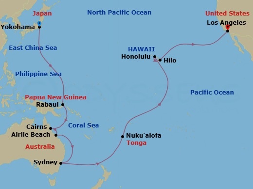 36 Night - Yokohama to Los Angeles - Queen Elizabeth - Starting in Yokohama (tours to Tokyo), Japan, Rabaul, Papua New Guinea, Cairns, Australia, Airlie Beach, Australia, Sydney AU, Australia, Nukualofa, Tonga, Cross International Date Line (Cruise-by), Honolulu, HI, Hilo, HI, Los Angeles, CA itinerary map