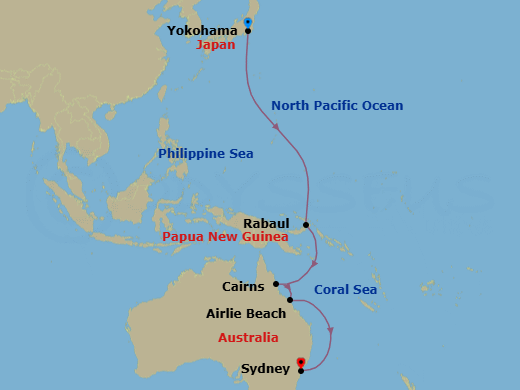 16 Night - Yokohama to Sydney - Queen Elizabeth - Starting in Yokohama (tours to Tokyo), Japan, Rabaul, Papua New Guinea, Cairns, Australia, Airlie Beach, Australia, Sydney AU, Australia itinerary map