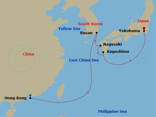 8 Night - Hong Kong to Yokohama - Queen Elizabeth - Starting in Hong Kong, China, Busan, South Korea, Nagasaki, Japan, Kagoshima, Japan, Yokohama (tours to Tokyo), Japan itinerary map