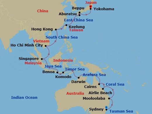 32 Night - Cruise from Sydney to Yokohama - Silver Moon - Starting in Sydney AU, Mooloolaba, Airlie Beach, Cairns, Darwin, Komodo Island, Benoa, Singapore, Ho Chi Minh City, Hong Kong, Keelung, Aburatsu, Beppu, Yokohama itinerary map