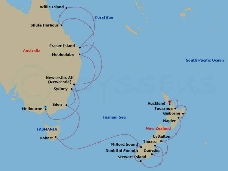 26 Night - Cruise from Melbourne to Auckland - Silver Moon - Starting in Melbourne, Newcastle AU, KGari, Willis Island, Shute Harbor, Mooloolaba, Sydney AU, Eden, Hobart, Milford Sound, Doubtful Sound, Stewart Island, Timaru, Dunedin, Lyttelton, Napier, Gisborne, Tauranga, Auckland itinerary map
