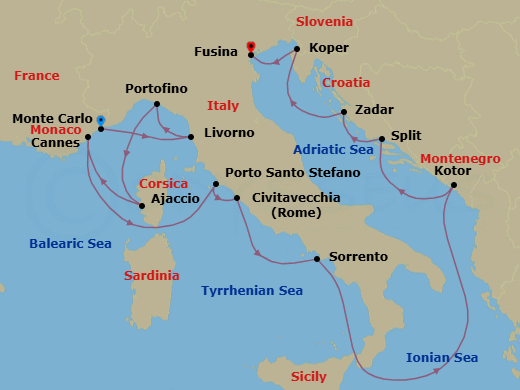 14 Night - Cruise from Monte Carlo to Fusina - Silver Ray - Starting in Monte Carlo, Livorno, Portofino, Ajaccio, Cannes, Porto Santo Stefano, Civitavecchia, Sorrento, Kotor, Split, Zadar, Koper, Fusina itinerary map