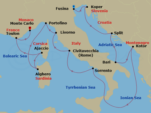 14 Night - Cruise from Fusina to Monte Carlo - Silver Ray - Starting in Fusina, Koper, Split, Bari, Kotor, Sorrento, Civitavecchia, Livorno, Portofino, Alghero, Ajaccio, Toulon, Monte Carlo itinerary map