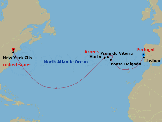 12 Night - Lisbon to New York - Silver Shadow - Starting in Lisbon, Ponta Delgada (Sao Miguel Island), Praia da Vitoria, Azores, Horta, Azores, New York, NY itinerary map