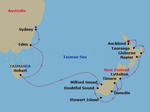 15 Night - Sydney to Auckland - Silver Moon - Starting in Sydney AU, Eden, Hobart, Tasmania, Cruising Milford Sound, Cruising Doubtful Sound, Stewart Island, Timaru, Dunedin (Port Chalmers), Lyttelton (Christchurch), Napier, Gisborne, Tauranga, Auckland itinerary map
