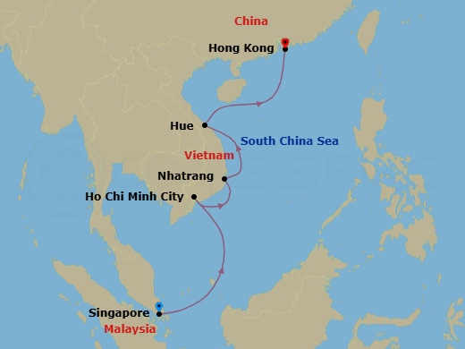 14 Night - Singapore to Hong Kong - Silver Muse - Starting in Singapore, Ho Chi Minh City, Nha Trang, Chan May (Hue / Danang), Ha Long Bay, Hong Kong itinerary map