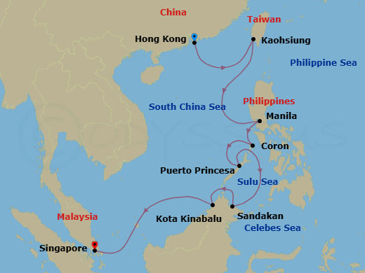 14 Night - Hong Kong to Singapore - Silver Muse - Starting in Hong Kong, Kaohsiung, Taiwan, Manila, Coron (Palawan), Puerto Princesa, Palawan, Sandakan (Sabah), Kota Kinabalu (Sabah), Singapore itinerary map