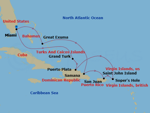 12 Night - Miami to Miami - Silver Shadow - Starting in Miami, Fl, Exuma Island, Samana, San Juan, St John VI, Sopers Hole, Puerto Plata, Dominican Republic, Grand Turk, Miami, Fl itinerary map
