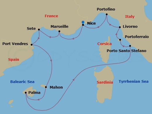 11 Night - Nice to Nice - Silver Shadow - Starting in Nice, Marseille, Sete, Port Vendres, Porto Mahon, Palma De Mallorca, Porto Santo Stefano, Portoferraio (Elba), Livorno (Tuscany), Portofino, Nice itinerary map