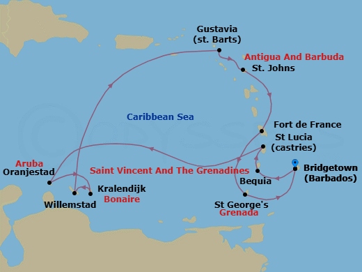 12 Night - Bridgetown to Bridgetown - Silver Spirit - Starting in Bridgetown, Bequia, Castries, St Lucia, Oranjestad, Aruba, Kralendijk, Bonaire, Willemstad AN, Curacao, Gustavia, St Barthelemy, St Johns, Fort-de-France, St Georges, Bridgetown itinerary map