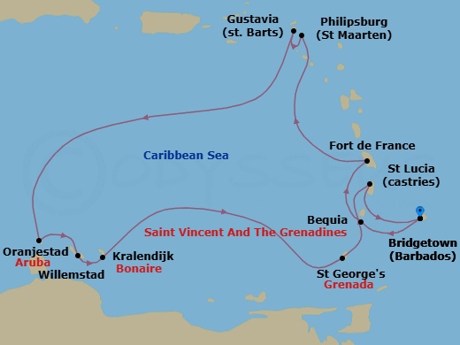 12 Night - Bridgetown to Bridgetown - Silver Spirit - Starting in Bridgetown, Bequia, Fort-de-France, Gustavia, St Barthelemy, Philipsburg, St Maarten, Oranjestad, Aruba, Willemstad AN, Curacao, Kralendijk, Bonaire, St Georges, Castries, St Lucia, Bridgetown itinerary map