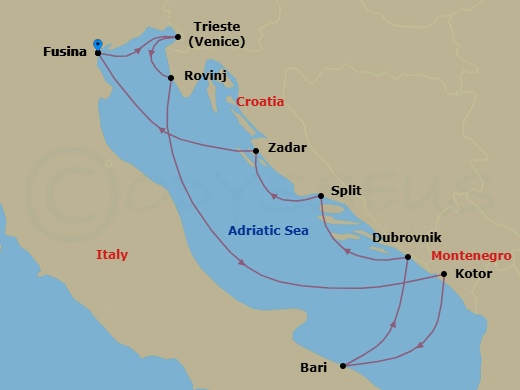 9 Night - Fusina to Fusina - Silver Spirit - Starting in Fusina (Venice), Trieste, Rovinj, Kotor, Bari, Dubrovnik, Croatia, Split, Zadar, Fusina (Venice) itinerary map