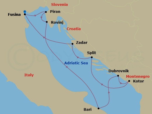9 Night - Fusina to Fusina - Silver Spirit - Starting in Fusina (Venice), Piran, Rovinj, Bari, Dubrovnik, Croatia, Kotor, Split, Zadar, Fusina (Venice) itinerary map