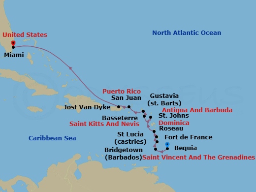 12 Night - Bridgetown to Miami - Silver Ray - Starting in Bridgetown, Bequia, Castries, St Lucia, Fort-de-France, Roseau, St Johns, St Kitts (Basseterre), Gustavia, St Barthelemy, Jost Van Dyke, British Virgin Islands, San Juan, Miami, Fl itinerary map