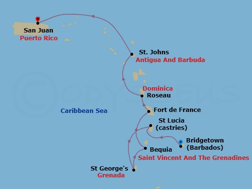 8 Night - Bridgetown to San Juan - Silver Ray - Starting in Bridgetown, Castries, St Lucia, St Georges, Bequia, Fort-de-France, Roseau, St Johns, San Juan itinerary map