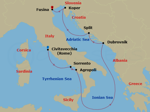 7 Night - Civitavecchia to Fusina - Silver Ray - Starting in Civitavecchia (Rome), Sorrento, Agropoli, Dubrovnik, Croatia, Split, Koper, Fusina (Venice) itinerary map