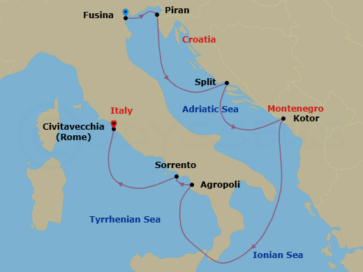 7 Night - Fusina to Civitavecchia - Silver Ray - Starting in Fusina (Venice), Piran, Split, Kotor, Agropoli, Sorrento, Civitavecchia (Rome) itinerary map