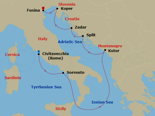 7 Night - Civitavecchia to Fusina - Silver Ray - Starting in Civitavecchia (Rome), Sorrento, Kotor, Split, Zadar, Koper, Fusina (Venice) itinerary map