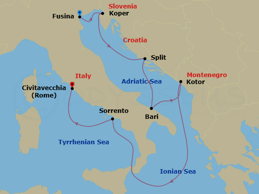 7 Night - Fusina to Civitavecchia - Silver Ray - Starting in Fusina (Venice), Koper, Split, Bari, Kotor, Sorrento, Civitavecchia (Rome) itinerary map