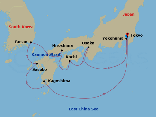 10 Night - Yokohama to Tokyo - Silver Moon - Starting in Yokohama (Tokyo), Osaka, Kochi, Hiroshima, Busan, Sasebo, Kagoshima (Kyushu Island), Tokyo itinerary map