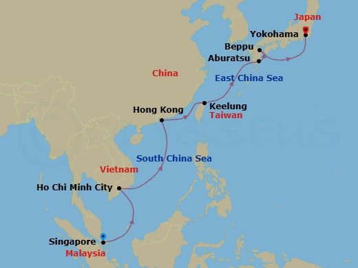 14 Night - Singapore to Yokohama - Silver Moon - Starting in Singapore, Ho Chi Minh City, Hong Kong, Keelung, Taiwan, Aburatsu, Beppu (Kyushu Island), Yokohama (Tokyo) itinerary map