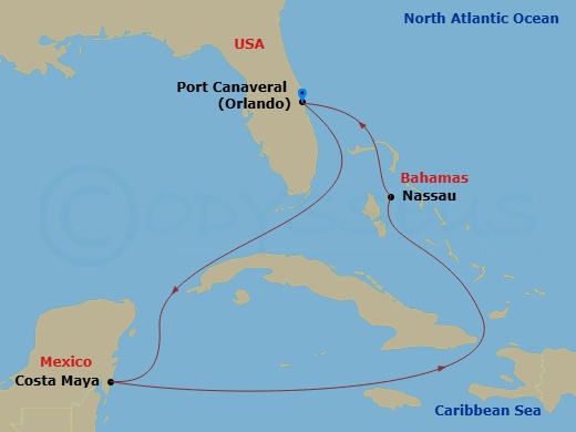 RCL Harmony of the Seas - 5 Night - Western Caribbean Getaway - RCL Harmony of the Seas - Starting in Orlando (Port Canaveral), Fl, Puerto Costa Maya, Mexico, Nassau, Bahamas, Orlando.. itinerary map