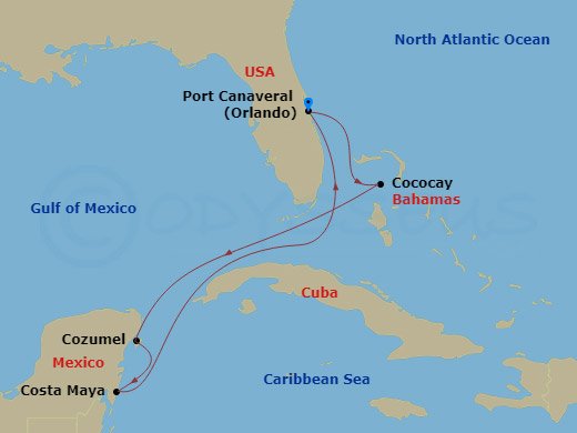 RCL Harmony of the Seas - 7 Night - Perfect Day Cococay & West Carib - RCL Harmony of the Seas - Starting in Orlando (Port Canaveral), Fl, Perfect Day Cococay, Bahamas, Cozumel, Mexico.. itinerary map