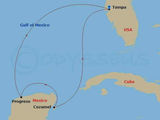 RCL Radiance of the Seas - 5 Night - Western Caribbean Getaway - RCL Radiance of the Seas - Starting in Tampa, Florida, Yucatan (Progreso), Mexico, Cozumel, Mexico, Tampa, Florida itinerary map
