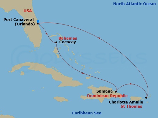RCL Star of the Seas - 7 Night - Perfect Day Cococay & East Carib - RCL Star of the Seas - Starting in Orlando (Port Canaveral), Fl, Perfect Day Cococay, Bahamas, Samana, Dominican.. itinerary map