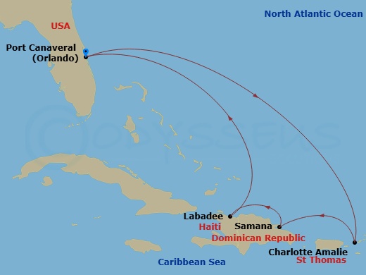 RCL Star of the Seas - 7 Night - Eastern Caribbean - RCL Star of the Seas - Starting in Orlando (Port Canaveral), Fl, Charlotte Amalie, St Thomas, Samana, Dominican Republic, Labade.. itinerary map