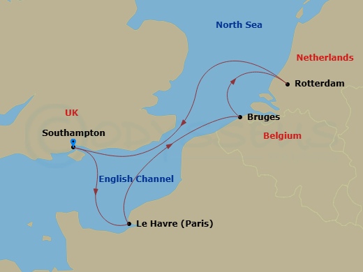 Queen Mary 2 - 7 Night - Le Havre, Rotterdam and Zeebrugge - Queen Mary 2 - Starting in Southampton, England, UK, Le Havre, France, Zeebrugge (tours to Bruges), Belgium, Rot.. itinerary map
