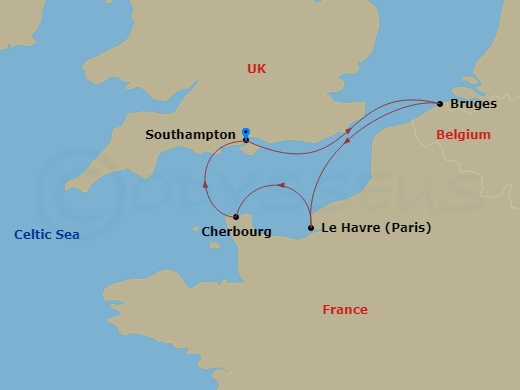 Queen Mary 2 - 5 Night - Zeebrugge, Le Havre and Cherbourg - Queen Mary 2 - Starting in Southampton, England, UK, Zeebrugge (tours to Bruges), Belgium, Le Havre, France, Che.. itinerary map