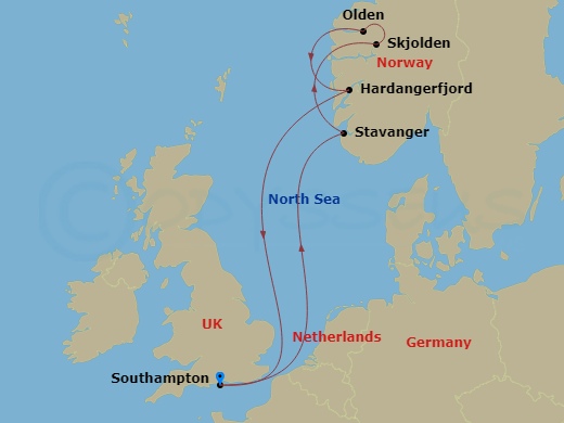 Queen Mary 2 - 7 Night - Norwegian Fjords - Queen Mary 2 - Starting in Southampton, England, UK, Stavanger, Norway, Skjolden, Norway, Olden, Norway, Hardangerfjord, Norway (.. itinerary map