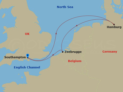 Queen Mary 2 - 5 Night - Hamburg and Zeebrugge Short Break - Queen Mary 2 - Starting in Southampton, England, UK, Hamburg, Germany, Zeebrugge (tours to Bruges), Belgium, Sou.. itinerary map
