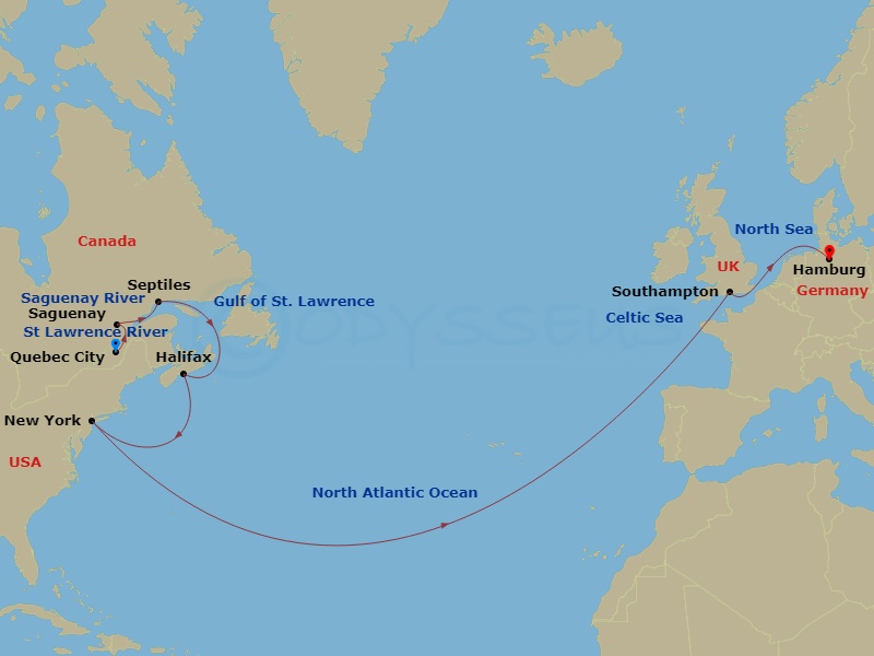 Queen Mary 2 - 16 Night - Transatlantic Crossing and Canada - Queen Mary 2 - Starting in Quebec, QC, Canada, Saguenay, QC, Canada, Sept-Iles, QC, Canada, Halifax, NS, Canada.. itinerary map