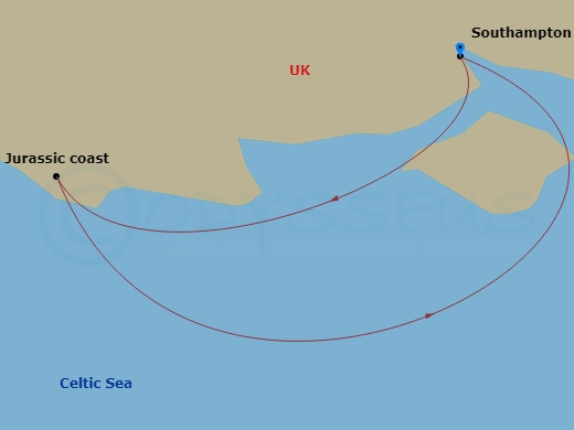 Queen Mary 2 - 2 Night - Scenic Jurassic Coast Voyage - Queen Mary 2 - Starting in Southampton, England, UK, Jurassic Coast Scenic Cruising, United Kingdom, Southampton, Eng.. itinerary map