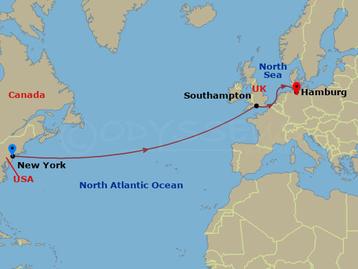 Queen Mary 2 - 9 Night - Eastbound Transatlantic Crossing - Queen Mary 2 - Starting in New York, NY, Southampton, England, UK, Hamburg, Germany itinerary map