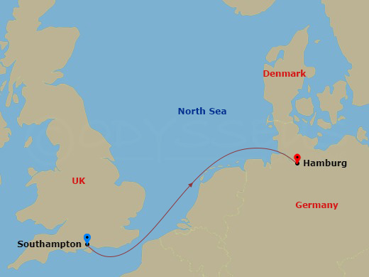 Queen Mary 2 - 2 Night - Southampton to Hamburg - Queen Mary 2 - Starting in Southampton, England, UK, Hamburg, Germany itinerary map