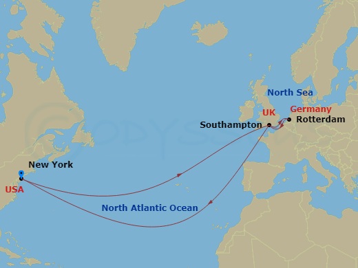 Queen Mary 2 - 18 Night - Roundtrip Transatlantic Crossing - Queen Mary 2 - Starting in New York, NY, Southampton, England, UK, Rotterdam, Netherlands, Southampton, England,.. itinerary map